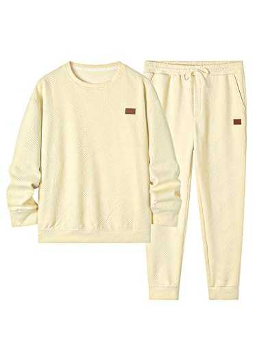 JMIERR Knit Jacquard Track Suits for Men Set 2 Piece Comfiest Airport Outfits Long Sleeve Sweatshirts & Running Joggers Sweatpants, Fall Tracksuit Sweatsuits Matching Lounge Sets, M, Apricot