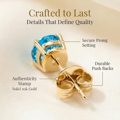 10K Yellow Gold Round Swiss Blue Topaz Earrings for Women with Push Backs | 6mm Solitaire December Birthstone Earring | Solid Real 10 Karat Gold Gemstone Studs for Women by MAX + STONE