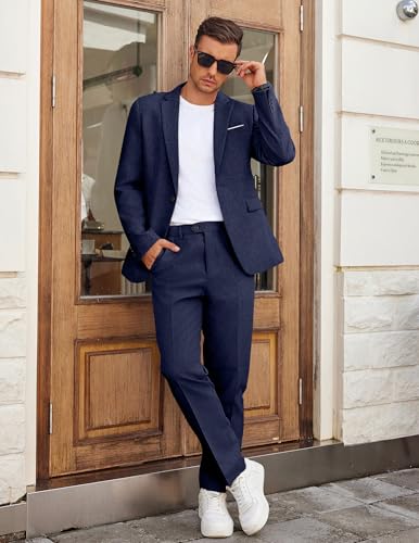 COOFANDY Men Suits Classic Fit 2 Piece Suit Set One Button Casual Blazer Wedding Bussiness Suit Separates, Dark Blue, Large