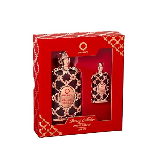 Orientica Luxury Amber Rouge 2 Pc Perfume Gift Set - Notes of Amber Saffron, Jasmine & Orange - Woody, Floral Arabic Perfumes for Women & Men - Perfumes Arabes de Mujer y Hombres