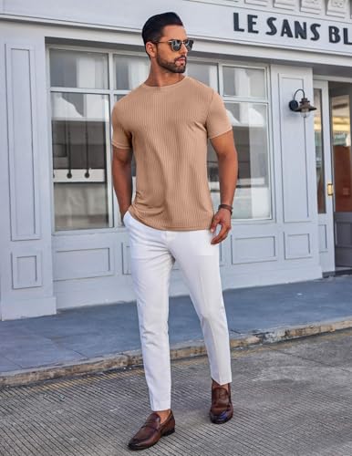 COOFANDY Men's T-Shirts Casual Stretch Solid Crewneck Short Sleeve Tees Textured Shirts Khaki
