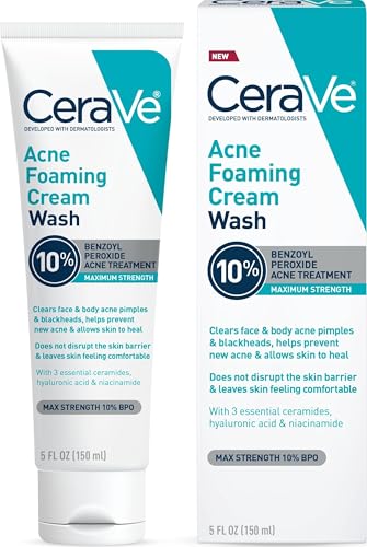 CeraVe Acne Foaming Cream Wash, 10% Benzoyl Peroxide Facial Cleanser, 5oz