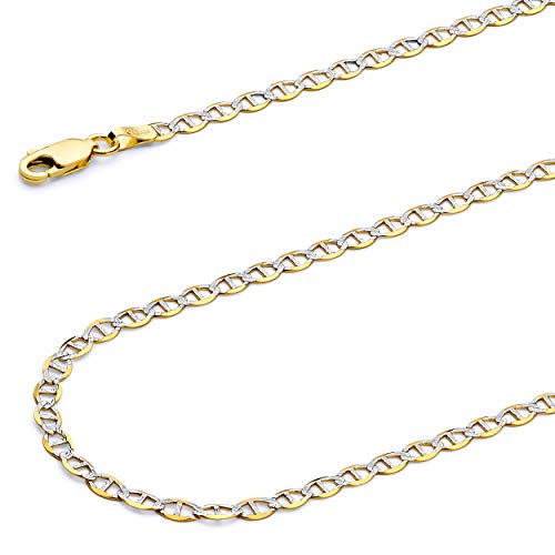 14k REAL Two Tone Gold Solid Men's 4.5mm Flat Mariner White Pave Chain Bracelet with Lobster Claw Clasp - 7.5"