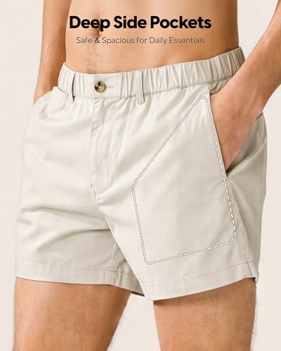 maamgic Men's Shorts Casual 4" Cotton Stretch Classic-fit Khaki Shorts for Men Elastic Waistband Multi-Pocket Men's Golf Shorts Daily Wear