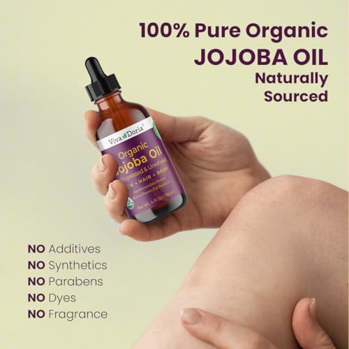 Viva Doria Jojoba Oil, USDA Certified Organic, 4 fl oz, Natural Jojoba Oil for Hair, Skin & Face, Cold Pressed Unrefined