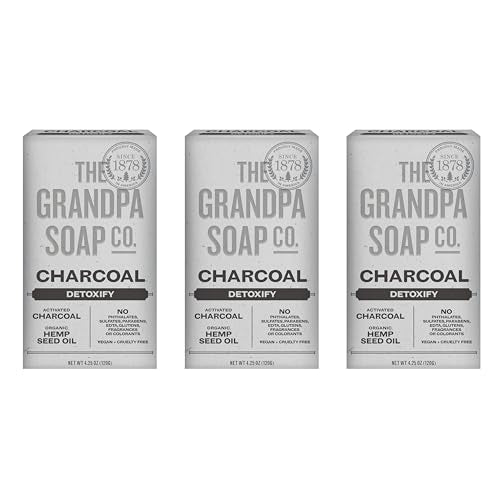 The Grandpa Soap Company Charcoal Bar Soap - With Activated Charcoal Hemp Seed and Mint Oil, Detoxifies, Draws Out Dirt and Toxins, Clear Congested Pores, Vegan, 4.25 Oz, 3 Pack