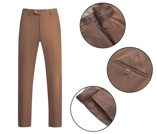 MOGU Suit for Men, Solid Color Fit Formal 2 Piece Dress Tuxedo Set with Jacket, Pants, Tie (Large, Brown)