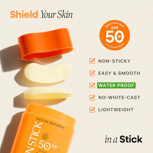 Nature Republic California Aloe Fresh Powdery Sun Stick Broad Spectrum SPF50+ | Korean Sunscreen, Travel Size Sunblock Stick, No White Cast, Non-Sticky, Water-Resistant, 0.71 oz / 21 g