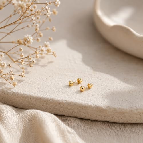 Hoberta Real 10k solid Yellow Gold Stud Earrings with Screw back for Women Men for Sensitive ears Small & Minimalist Dot Studs Jewelry for Gifts (Ball Earrings(3mm))