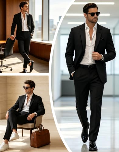 Men's Classical Business Suit, 2 Piece Set Regular Fit Casual Blazer Jacket Pants, Formal Dress Suit for Elegant Gentleman Men, Single Breasted Notch Lapel Tuxedo for Wedding Prom - Black