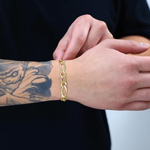 Nuragold 14K Real Yellow Gold Figaro Solid Link Chain Bracelet Men & Women - 8",8mm