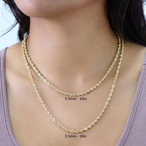 Nuragold 14k Real Yellow Gold 3.5mm Rope Chain Lightweight Necklace 16"-30" - 22"