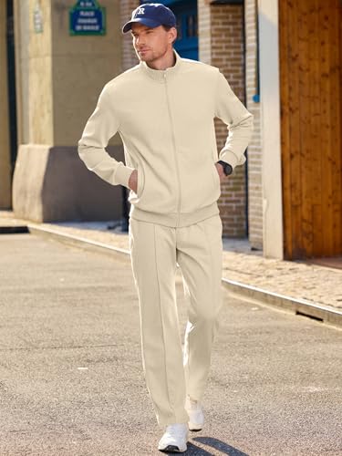 JMIERR Track Suit Mens Sweatsuit Casual Sports Jogging Sets Sweat Suit Full Zip Loungewear Sets Cream Textured Two Piece Outwear Regular Fit for Early Fall Spring, M, Beige