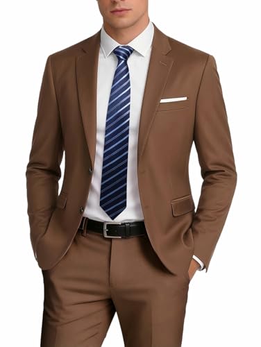 MOGU Suit for Men, Solid Color Fit Formal 2 Piece Dress Tuxedo Set with Jacket, Pants, Tie (Large, Brown)