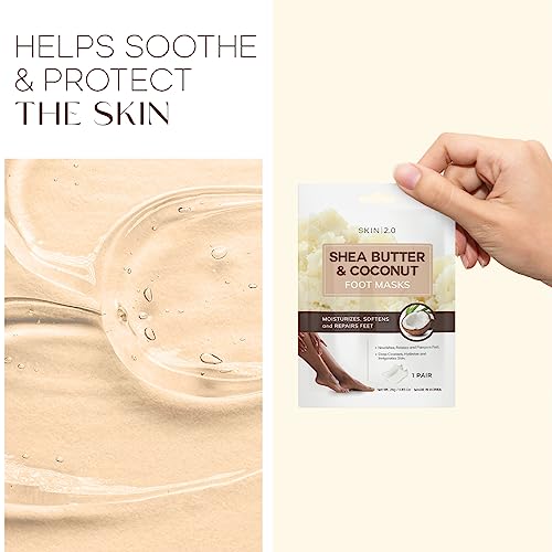 Skin 2.0 Shea Butter & Coconut Foot Masks - Softens Calluses, Treats Cracked Heels, Soothing & Hydrating - Dermatologist Tested Korean Skincare - Clean Beauty, Cruelty-Free, All Skin Types - 3 Pairs