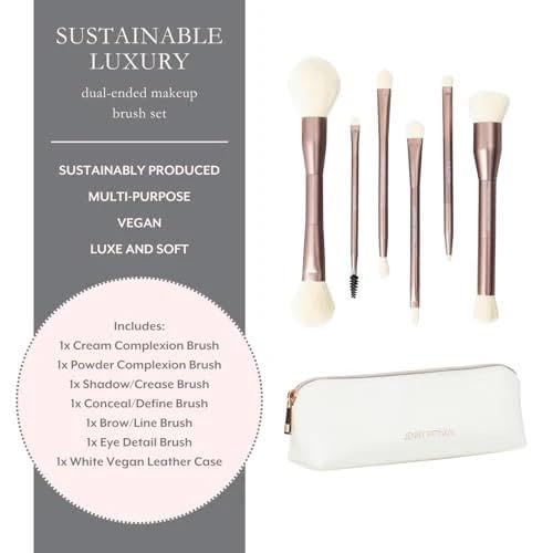 Sustainable Luxury 6 Dual-Ended Makeup Brush Set with Travel Case for a full-face application, Professional Makeup Brushes Set, Cream & Powder Complexion, Conceal/Define, Brow/Line, Crease/Eye Detail