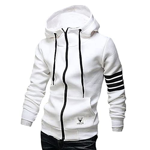 ZUEVI Men's Casual Striped Drawstring Hooded And Zipper Closure Hoodies Slim Fit Lightweight Sweatshirt (WHITE-XL)
