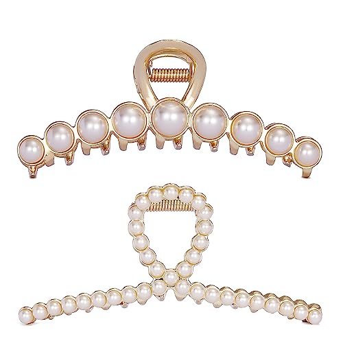 Textention Vintage Metal Pearl Hair Clip, Imitation Pearl Hair Claw Clips Large Size, Hair Clasps Accessories for Women Lady Girls, 2 Pieces