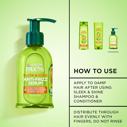 Garnier Fructis Sleek & Shine Anti-Frizz Hair Serum for Frizzy, Dry Hair, Leave-In Argan Oil Infused Formula with Up to 72HRs of Frizz Control, Smooths Flyaways & Boosts Hair Shine, 5.1 Fl Oz (2 Pack)
