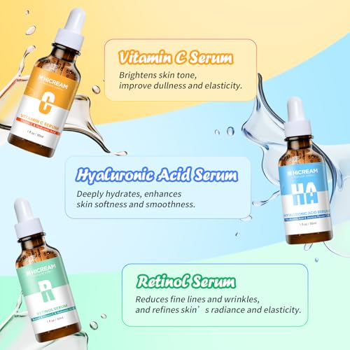 Hicream Face Serum Set - Vitamin C Serum, Hyaluronic Acid & Retinol with Hydrating, Brightening & Firming Skin, Anti-aging Skin Care Set for Women, Targets Fine Lines & Dark Spots, 1 Fl Oz (Pack of 3)