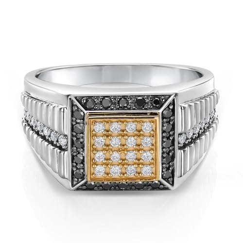Gem Stone King Men's 925 Sterling Silver & 10K Yellow Gold Lab Grown Diamond & Black Diamond Cuban Rolex Style Square Cut Band Ring For Men | 0.56 Cttw | Size 7