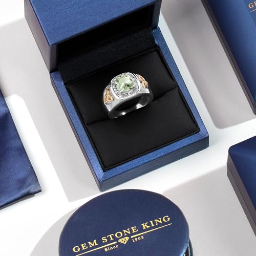 Gem Stone King 2.31 Ct Green Prasiolite and Lab Grown Diamond Men's Ring | 925 Silver and 10K Yellow Gold | Cushion Cut 8MM | Gemstone Birthstone | Available in Size 7, 8, 9, 10, 11, 12, 13 | Size 7