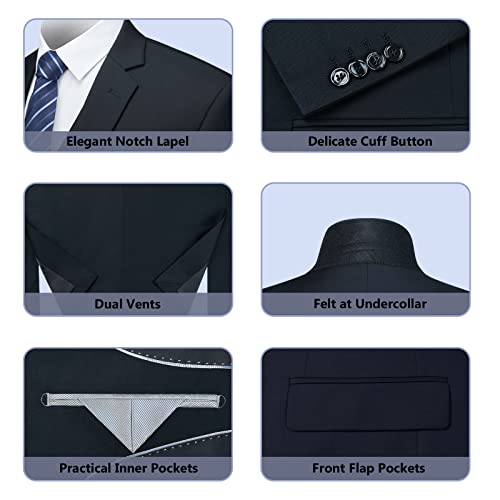 Cooper & Nelson Men's Suit Slim Fit, 3 Piece Suits for Men, One Button Solid Jacket Vest Pants with Tie, Tuxedo Set Dark Navy M