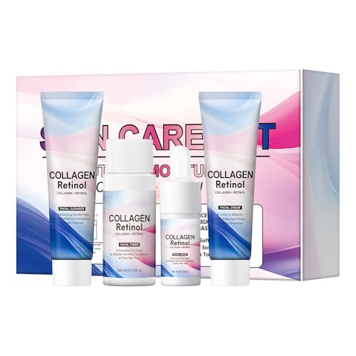 YAFUSIPE Travel Skincare Set, Collagen Retinol Face Wash, Toner, Anti-Aging Serum & Moisturizer Cream Travel Essentials Toiletries Kit for Women, Cleanser & Skincare Skin Routine Kit