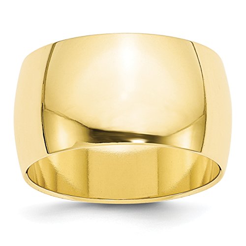 10k Yellow Gold 12mm Half Round Wedding Band Ring for Men or Unisex - Solid Polished Gold Band with Smooth Classic Finish - Wide Durable Commitment Symbol Suitable for Engraving and Everyday Wear