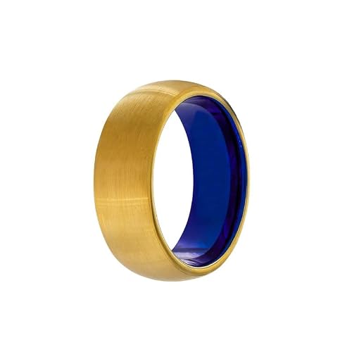 14K Yellow Gold Tungsten Rings for Men Gold Wedding Band with Blue Interior Unique Gifts for Him 8mm Promise Ring