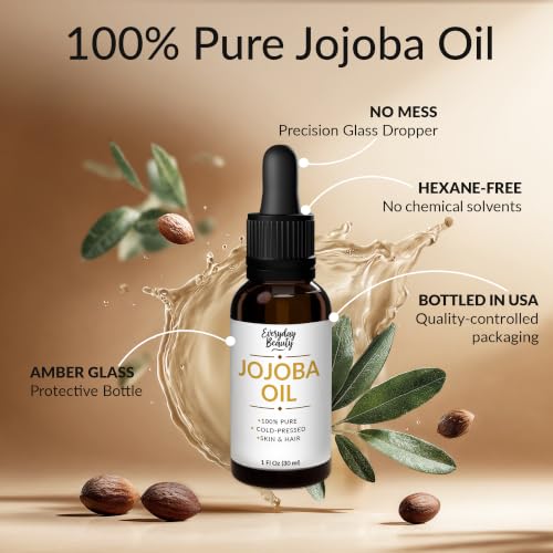 Jojoba Oil - 100% Pure, Cold Pressed, All Natural Carrier Oil for Face, Skin, Hair, Nails, Massage & DIY Beauty, Glass Bottle & Dropper 1 Fl Oz