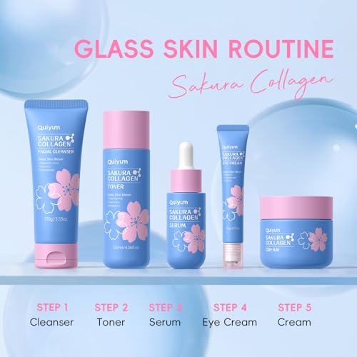 QUIYUM Sakura Collagen Skincare Set - 8-Piece Glass Skin Routine for Women