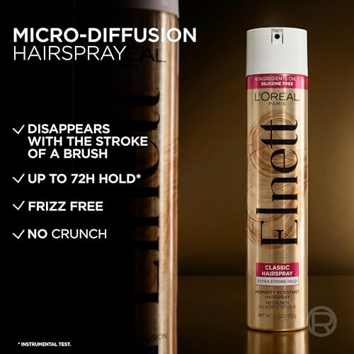 L'Oreal Paris Elnett Classic Hairspray, Suitable for Color Treated Hair, up to 72-Hour Extra Strong Hold Formula with Humidity Resistant Frizz Control, Hairspray with Soft, Brushable Finish, 11 oz