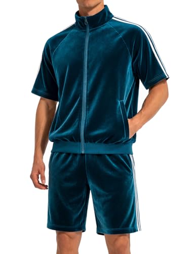 SAMDIPLUS Mens Velour Tracksuit 2 Piece Outfit Short Sleeve Full Zip Jacket and Shorts Set Summer Casual Loungewear