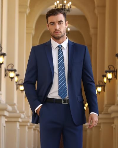Cooper & Nelson Men's Suit 2 Piece Set, One Button Slim Fit Tuxedo with Jacket Pants Tie for Wedding, Business, Prom Navy Blue L
