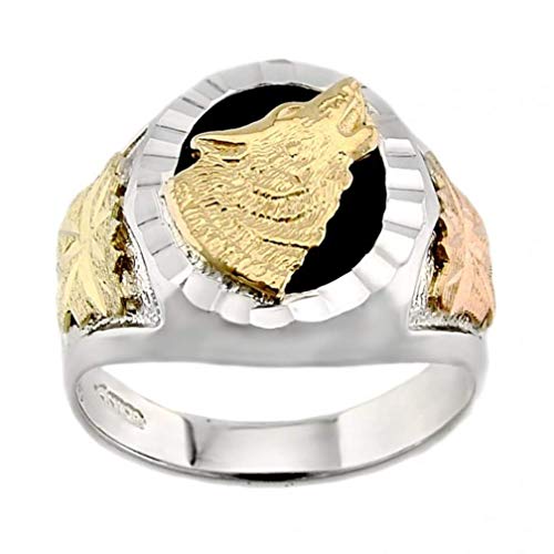 Black Hills Gold Jewelry Men's 925 Sterling Silver Howling Wolf Onyx Stone Ring, 10k Yellow Gold, 12k Green and Rose Size 9.25