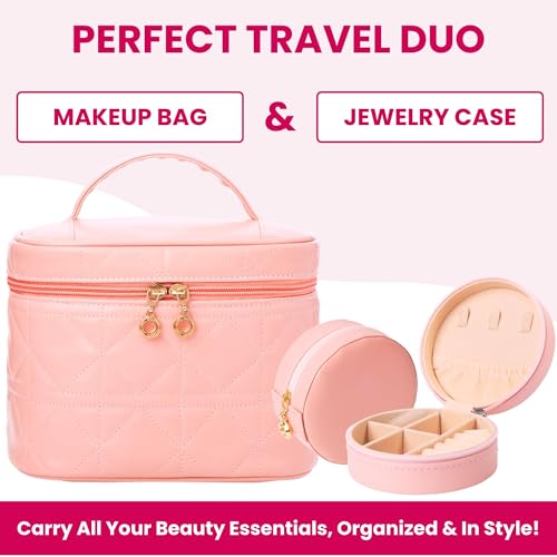 NESTORO Makeup Bag with Jewelry Case Set, Pink Quilted PU Leather with Handle, Gold Zipper