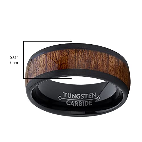Men's Women's Black Tungsten Carbide Wedding Band Engagement Ring, Real Wood Inlay, Comfort Fit 8mm 10.5