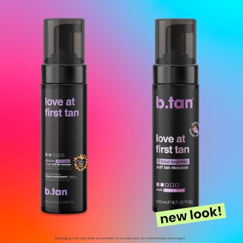 b.tan Violet Base Self Tanner Mousse | Love At First Tan - Best, 1 Hour Express Sunless Tanning Foam, Cancels Orange Tones, Dark Bronzing Glow, No Fake Tan Smell, Face & Body, 6.7 Fl Oz