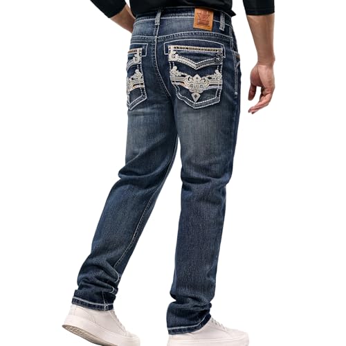 Men's Jeans - Embroidery Washed Crackle Design Jeans Relaxed Fit Stretch Casual Jeans Comfortable Classic Fit Jeans (US, Waist, 34, Regular, Blue)