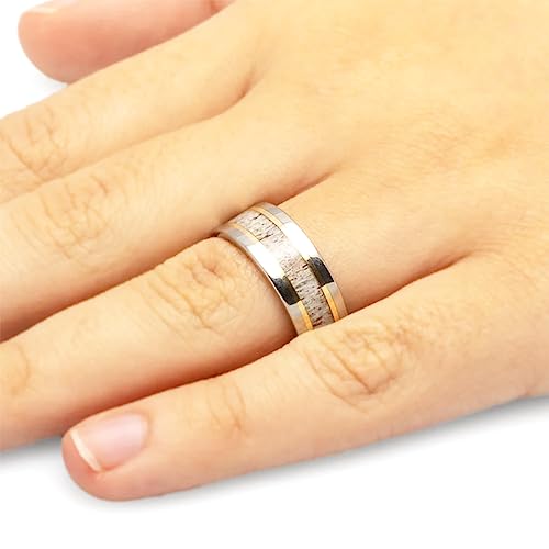 The Men's Jewelry Store (Unisex Jewelry) Deer Antler, 14k Yellow Gold Stripes 8mm Titanium Comfort-Fit Band Size 5.25