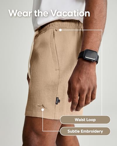 maamgic Mens 100% Linen Shorts Casual Drawstring Elastic Waist, Breathable Summer Shorts for Men Beach Vacation with Pockets Dark Khaki