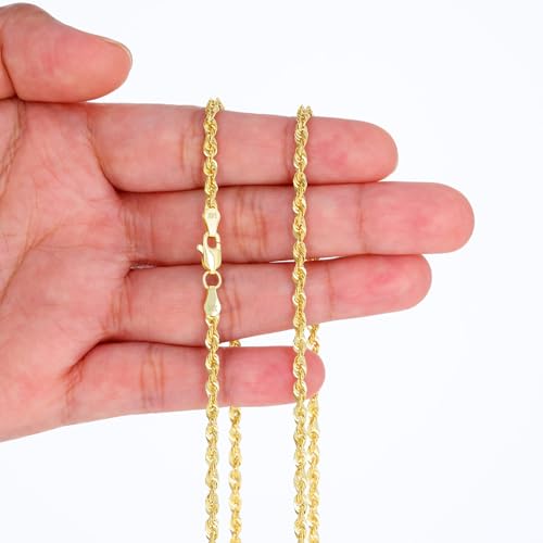 Nuragold 14k Real Yellow Gold 3mm Rope Chain Lightweight Necklace (16"-30") - 20"
