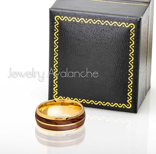 Jewelry Avalanche Dome Yellow Gold IP 8mm Split Koa Wood Inlay Wedding Band Comfort Fit - Mens Tungsten Carbide Ring - #1005s13