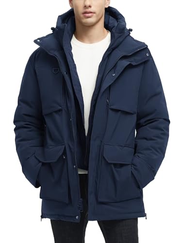 Rejork Long Winter Jackets for Men Faux Two-Piece Waterproof Parka Snow Warm Coats with Hood 2XL