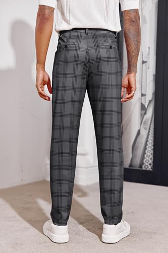 Coutgo Men's Classic Plaid Dress Pants Casual Business Stretch Straight Leg Slim Fit Button Trousers Dark Grey