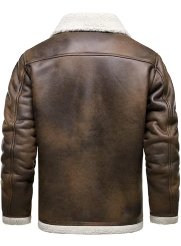 HOOD CREW Men’s Vintage Distressed Jacket Winter Warm Faux Shearling Leather Bomber Jackets Motorcycle Biker Coats Brown M