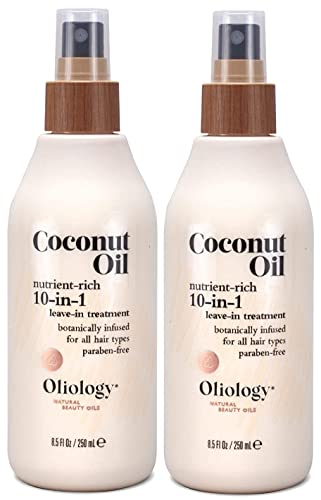 Oliology Coconut Oil 10-in-1 Multipurpose Spray - Leave in Treatment for All Hair Types | Detangles, Controls Frizz, Hydrates & Moisturizes | & Paraben Free (8.5 oz, 2 Pack)
