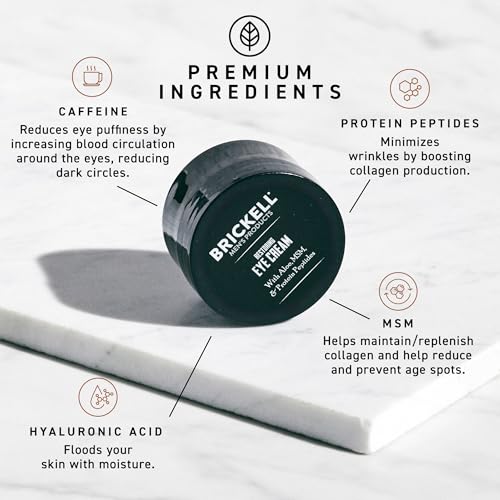 Brickell Men's Restoring Under Eye Cream for Men, Anti Aging Eye Balm To Reduce Puffiness, Wrinkles, Dark Circles, Crows Feet & Eye Bags, Caffeine, Hyaluronic Acid & Protein Peptides, 0.5oz, Unscented