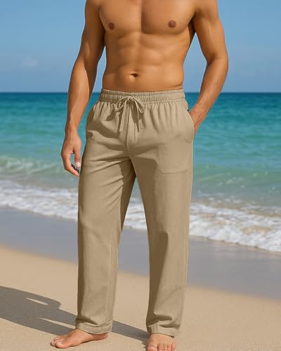 BUXKR Men's Linen Pants Beach Casual Cotton Summer Lightweight Elastic Waist Drawstring with Deep Pockets Coffee